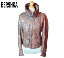 Bershka Women's Soft Goat Leather Jacket Size M-L Slim Fit  Brown Biker Style