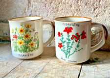 Two Vintage French Tisanière Herbal Tea Mugs Chamomile & Rosa Canina ~ 70s Retro