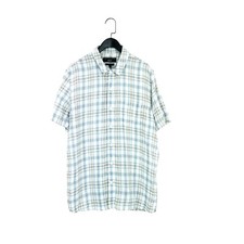 Paul Costelloe Blue White Brown Check Spread Collar Pure Linen Shirt - Size L