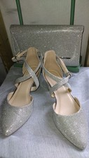 PARADOX LOW BLOCK HEEL WIDE FIT SILVER SHIMMER SHOES AND MATCHING BAG SIZE UK 7 