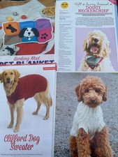 4 Knitting Patterns for Dogs Clifford Dog Sweater, Cable Jumper, Blanket Bandana