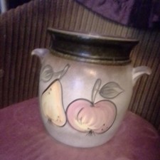 West German Pot With Lug Handles About 7" Across, Fruit Pattern