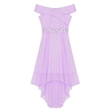 UK Girls Shiny Off Shoulder High Low Dress Princess Prom Chiffon Party Ball Gown