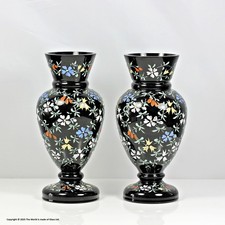 Victorian pair of French hand-painted black glass vases