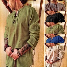 Mens Medieval Viking Piracy Lace Up Tunic Tops Shirt Retro Jumper Costume Blouse