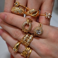 Women Adjustable Stackable Full Diamond Open Ring Zirconia Cluster Gold Color