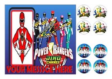 POWER RANGER BIRTHDAY CAKE TOPPER SQUARE EDIBLE  ICING 7.5"+8 CUPCAKE TOPPERS