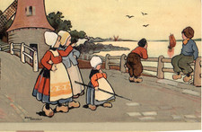 DUTCH CHILDREN  WAVING FAREWELL TO BOAT  by ETHEL PARKINSON.