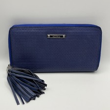 STELLA & DOT Blue Crosshatch Leather Accordion Zip Around Tasseled Wallet 
