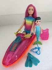 PINK HAIRED BARBIE MULTICOLOURED JETSKI MINI MERMAN & ACCESSORIES VGC
