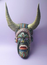 Vintage South American Hand Painted Wooden Folk Art Mask with Horns Diablo