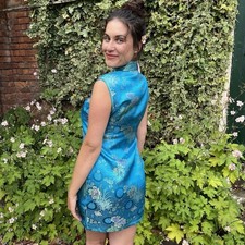Beautiful Cheongsam Chinese Dress Frog Fasteners Size Blue 90s Y2K