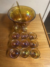 Vintage Indiana Glass Punch Bowl + 12 x cups Set Carnival Iridescent Amber Gold 