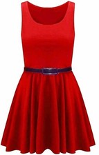   WOMENS LADIES SKATER DRESS SLEEVELESS TAILORED BELTED DRESSES SHORT PARTY SEXY