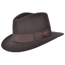 Brown Wool Fedora Hat Wide Brim Crushable Cowboy Style Band & Removable Feather
