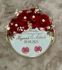 Personalised Wedding Mirror Ring Plate With Ring Holders -red & gold