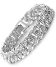 Mens Silver Bracelet Chain Link Curb Diamond Iced Bling Thick Heavy Gift