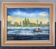 Lovely Vintage Framed K J Carr Original Watercolour Liverpool Across The Mersey