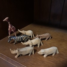 Set Of 7 Hand Carved Wooden African Animals- Benefits Charity