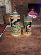Here Are 2 X German Glazed Beer Steins Tankards with Pewter Lids.