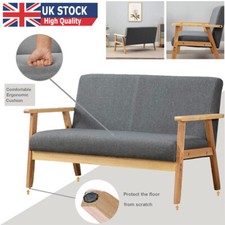 Wooden 2 Seater Armchair Couch Sofa Fabric Linen Sturdy Comfortable Padded Seat