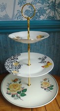 3 tier XL  cake stand  Mismatched vintage plates with yellow roses & butterfly