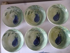 6 Hand Painted Aubergine Design Fruit Pasta Salad Serving 22cm Bowls
