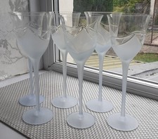 6 Crystal Etched Clear Pale Blue Frost Stem Melinda Wine Glasses Art Deco Style