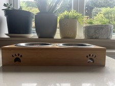 Dog Food Feeding Stand Station Stainless Double Raised Bowls Wooden-Holder