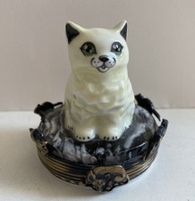 Vintage Limoges France Peint Main Ceramic Cat + Mouse Trinket Box Metal Border