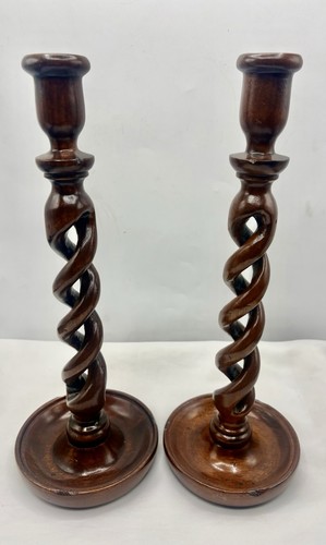Pair wood barley twist candle - wood,