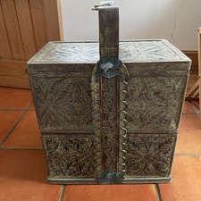 Vintage Large Green Chinese Wedding Basket With Lid & Brass Dragon Handle
