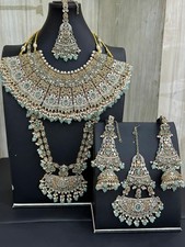 Pakistani Indian Traditional Desi Heavy Bridal Necklace Mala Set in Gold & Mint