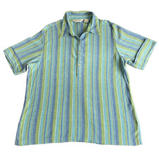 Orvis Mens Shirt Green Blue Striped Cotton Cheesecloth Large Short Sleeve VTG