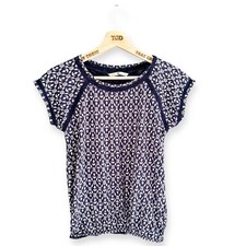Ladies Navy Blue White Print 100% Cotton Elasticated Hem T-Shirt Top Size 8