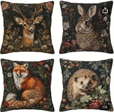 Beautiful Set x4 Print Cushion Covers Picture Fox Deer Rabbit Hedgehog UK Seller