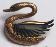 Vintage Swan Brooch with Black Enamel And Brushing 