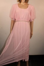 VTG 60S PINK 2 LAYER ULTRA SHEER NYLON & LACE NIGHTDRESS SIZE 42-44" LONG
