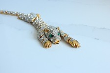 Vintage Articulating Panther Green Eye Crystal Pave Gold Tone Bracelet