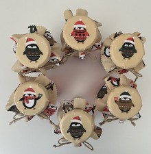 6 Handmade Christmas penguin  jam jar covers/jar toppers with labels bands  ties