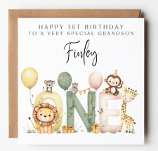 Personalised Grandson Safari 1st Birthday Card, Cute Zoo Animals, Neutral Colour