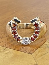 9ct Gold Garnet & Diamond Horseshoe Signet Ring ~Size W ~ Fab