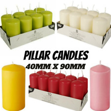 PILLAR CANDLES 40MM X 90MM LONG LIFE MANY COLOURS PACK OF 4 6 8 CHURCH CANDLES.