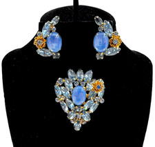 EXTRAORDINARY JULIANA VNT SET EARRINGS BROOCH FAB BLUE CABOCHON CRYSTALS FLOWERS