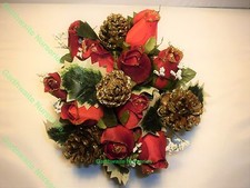 ARTIFICIAL RED ROSE GLITTER &CONES CHRISTMAS GRAVE VASE/CREM POT OR TABLE CENTRE
