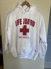 Vintage Lifeguard Hoodie Adult White + Red Pullover Key West, FL size L VGC