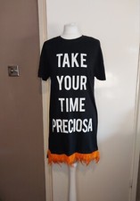 Zara 2017 y2k black graphic print slogan orange feather hem tshirt tee dress - S