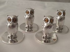 ANTIQUE SAMPSON MORDAN ANTIQUE SILVER OWL MENU HOLDERS HALLMARKED CHESTER 1907