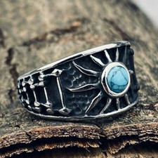 Mens Sun Turquoise Biker Band Ring Stainless Steel Size 7 8 9 10 11 12-15 Gift