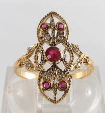 LONG 9CT 9K GOLD ART DECO INS INDIAN RUBY & DIAMOND RING FREE RESIZE